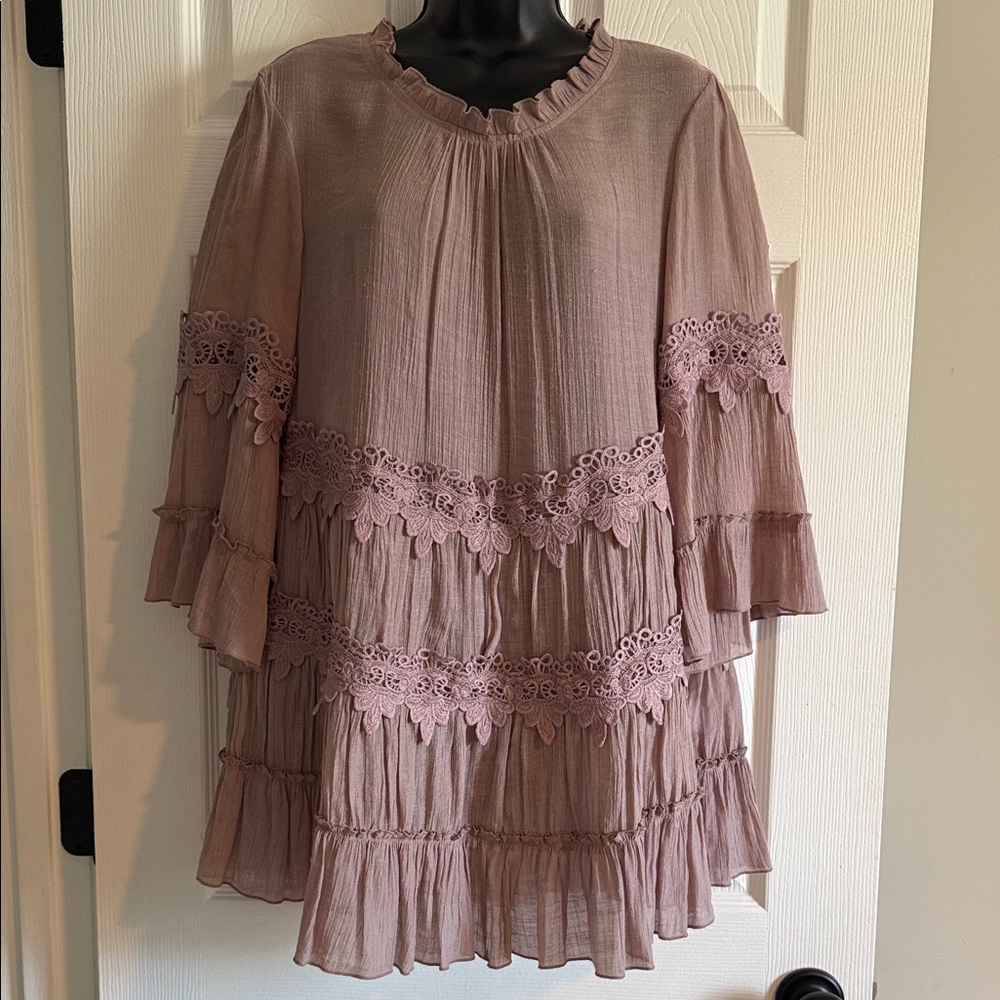indigo soul Dusty Mauve Lace-Trim Tiered Long Sleeve Dress